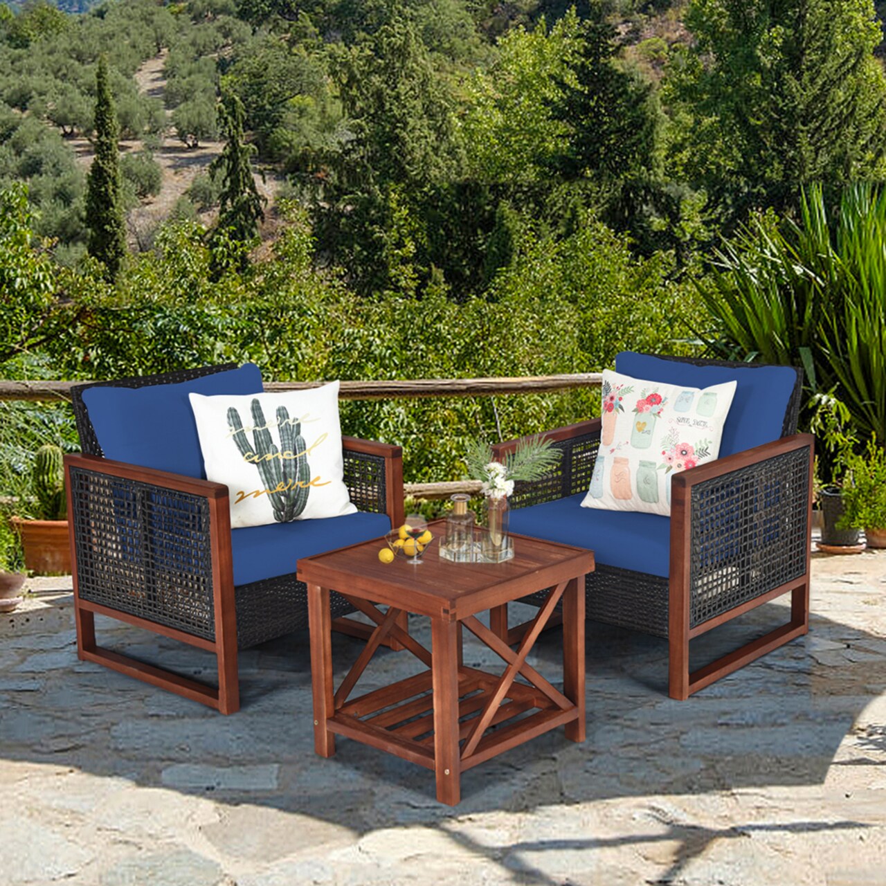 Gymax 3PCS Rattan Wicker Patio Conversation Set Outdoor Furniture Set w Navy Cushion